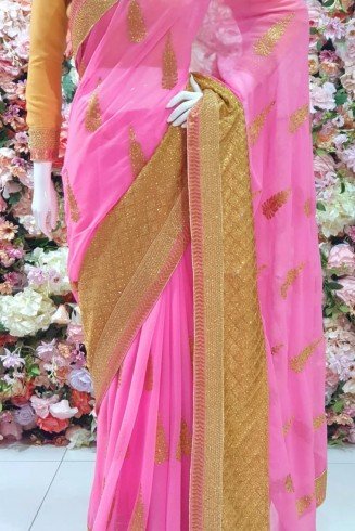 PINK AND GODL CHIFFON GEORGETTE PARTY WEAR SAREE