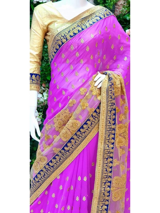 MAGENTA AND GOLD EMBROIDERED WEDDING SAREE