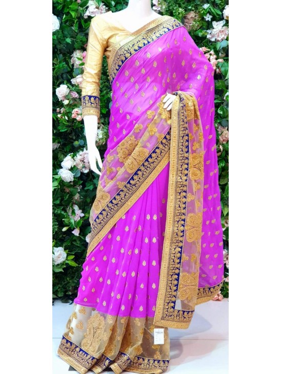 MAGENTA AND GOLD EMBROIDERED WEDDING SAREE