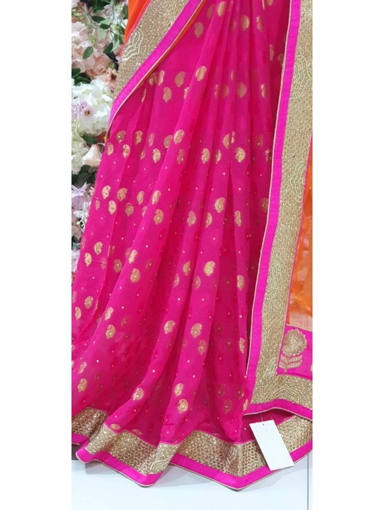 ORANGE PEEL AND HOT PINK MEHNDI WEDDING WEAR SAREE