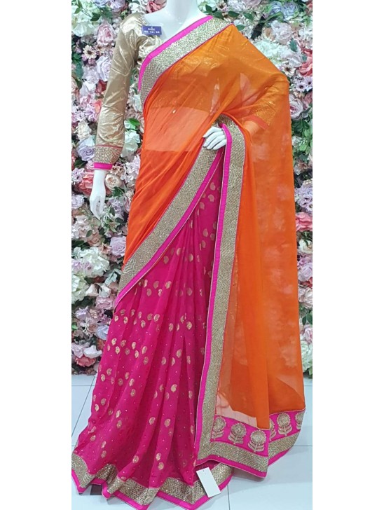 ORANGE PEEL AND HOT PINK MEHNDI WEDDING WEAR SAREE