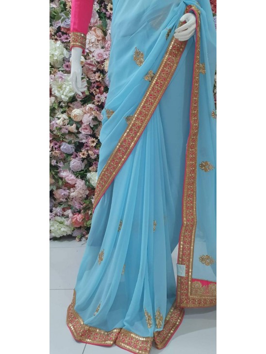 HOT PINK & BLUE ZARI EMBROIDERED INDIAN PARTY WEAR SAREE