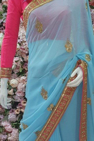 HOT PINK & BLUE ZARI EMBROIDERED INDIAN PARTY WEAR SAREE