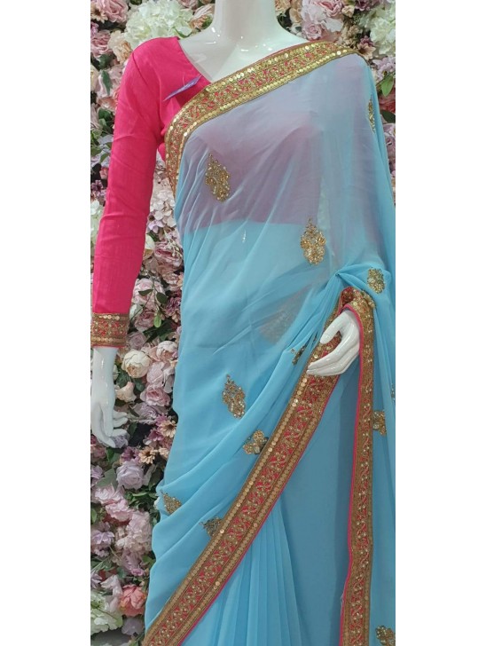 HOT PINK & BLUE ZARI EMBROIDERED INDIAN PARTY WEAR SAREE