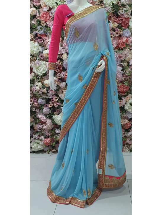 HOT PINK & BLUE ZARI EMBROIDERED INDIAN PARTY WEAR SAREE