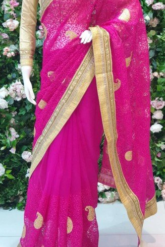 MAGENTA NET EMBROIDERED ETHNIC SAREE