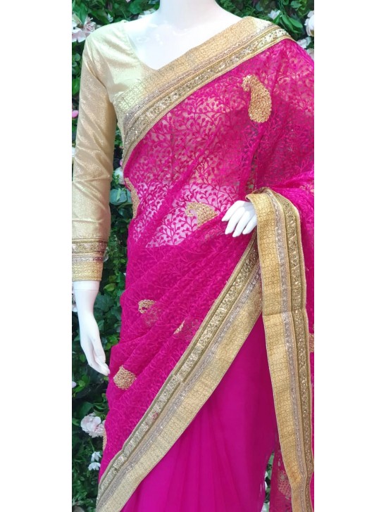 MAGENTA NET EMBROIDERED ETHNIC SAREE