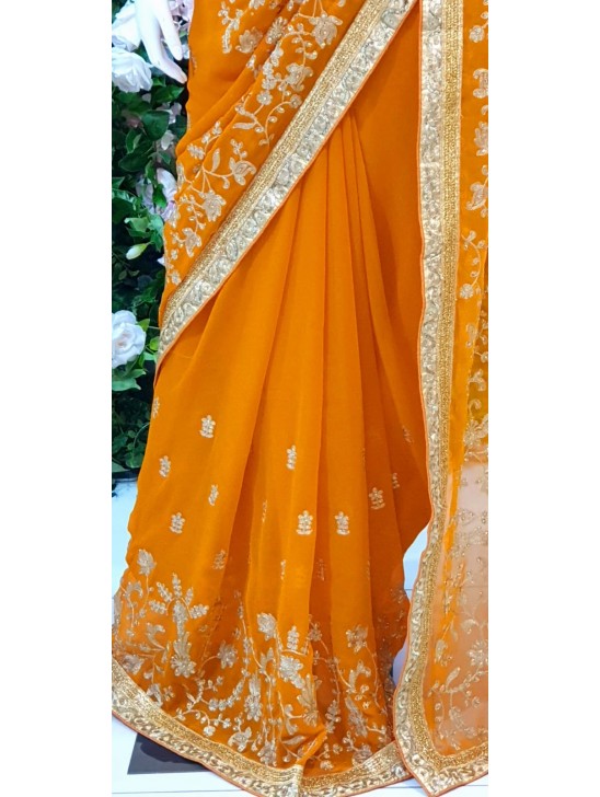 SAFFRON INDIAN ETHNIC WEDDING ZARI EMBROIDERED SAREE