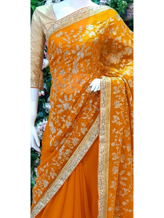 SAFFRON INDIAN ETHNIC WEDDING ZARI EMBROIDERED SAREE