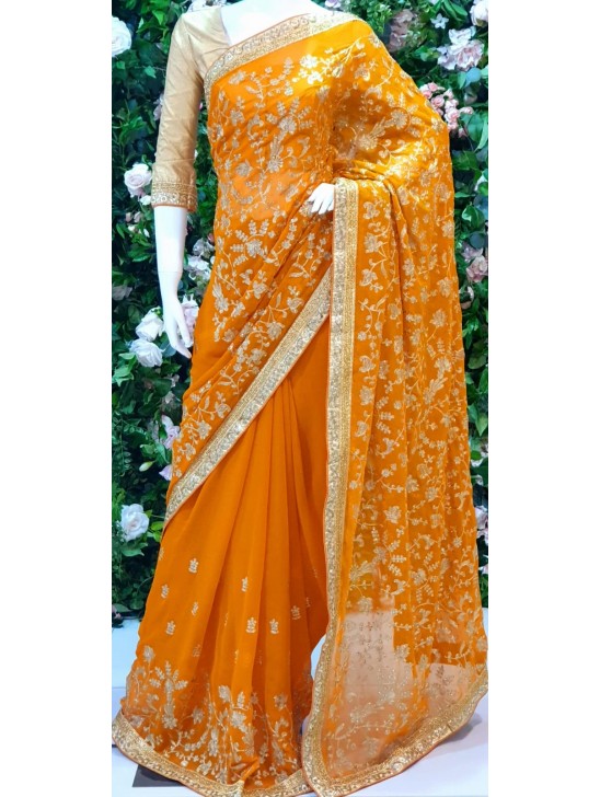 SAFFRON INDIAN ETHNIC WEDDING ZARI EMBROIDERED SAREE