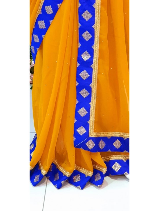 SAFFRON AND CLASSIC BLUE CONTRAST PARTY WEAR SAREE