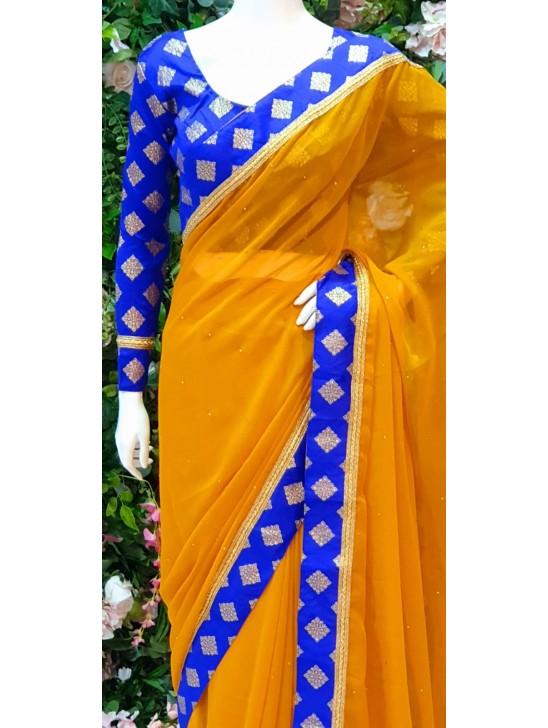 SAFFRON AND CLASSIC BLUE CONTRAST PARTY WEAR SAREE