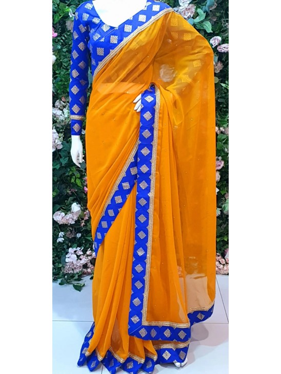 SAFFRON AND CLASSIC BLUE CONTRAST PARTY WEAR SAREE