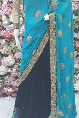 MOSAIC BLUE AND BLACK ETHNIC PUNJABI FESTIVE SAREE