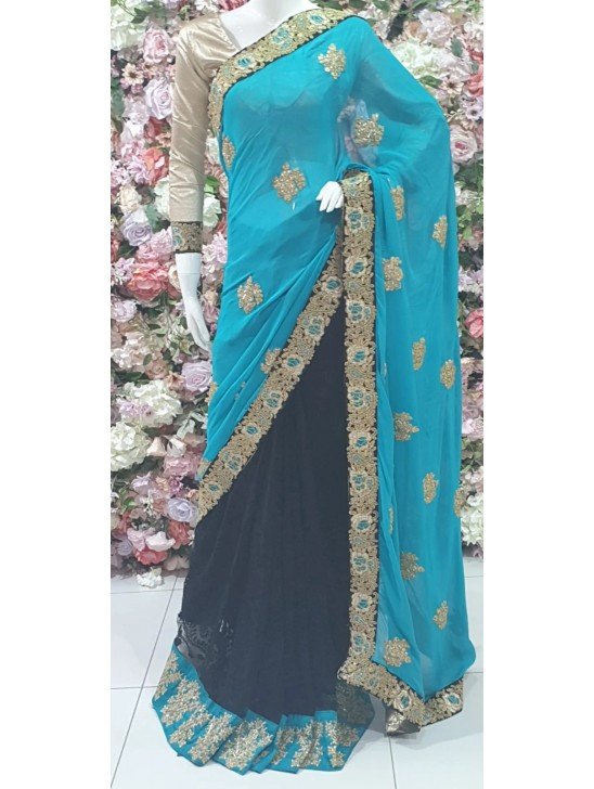 MOSAIC BLUE AND BLACK ETHNIC PUNJABI FESTIVE SAREE