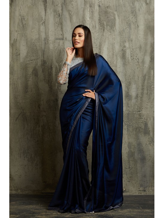 NAVY BLUE & SILVER INDIAN EVENING WEAR READYMADE SAREE