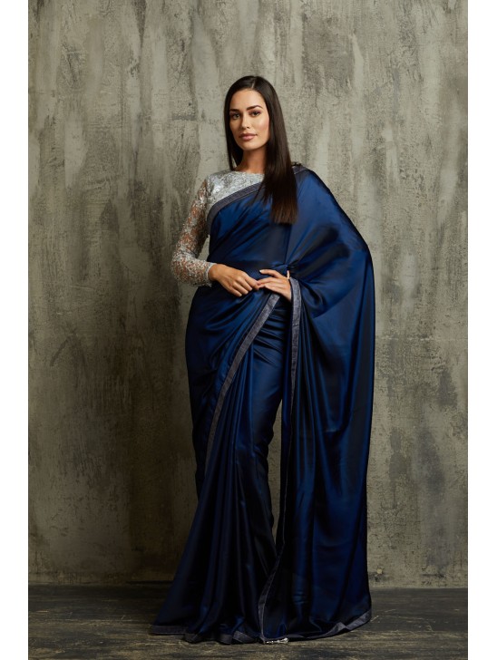 NAVY BLUE & SILVER INDIAN EVENING WEAR READYMADE SAREE