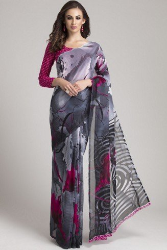 STUNNING GREY AND PLUM PRINTED SAREE