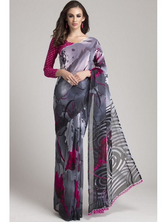 STUNNING GREY AND PLUM PRINTED SAREE