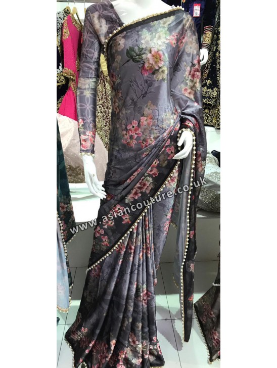 GREY PARTY WEAR FLORAL PRINTED SATIN SAREE