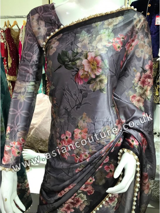 GREY PARTY WEAR FLORAL PRINTED SATIN SAREE