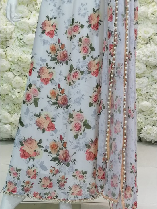 White Floral Printed Lehenga Style Saree