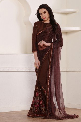 ZACS-600 BROWN DESIGNER READY MADE PARTY WEAR INDIAN SAREE