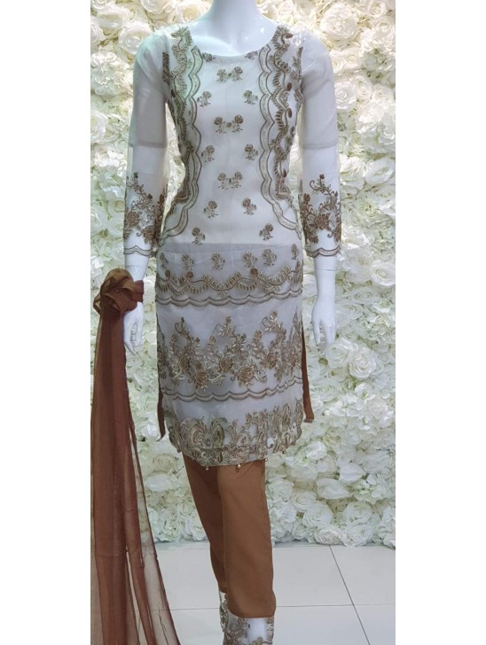 OFF WHITE BROWN GOLD ORGANZA READYMADE PAKISTANI DESIGNER SUIT