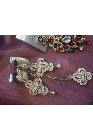 SILVER GOLD DIAMONTE LONG INDIAN EARRINGS AND TIKKA SET 
