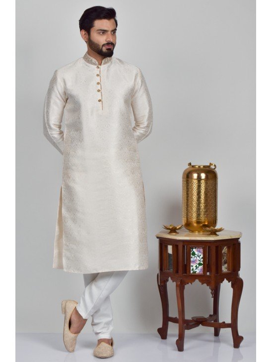 Cream Jammawar Pakistani Mens Kurta Pajama