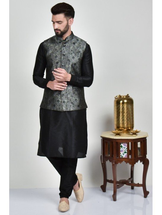 Grey Menswear Kurta Pajama Waistcoat Set