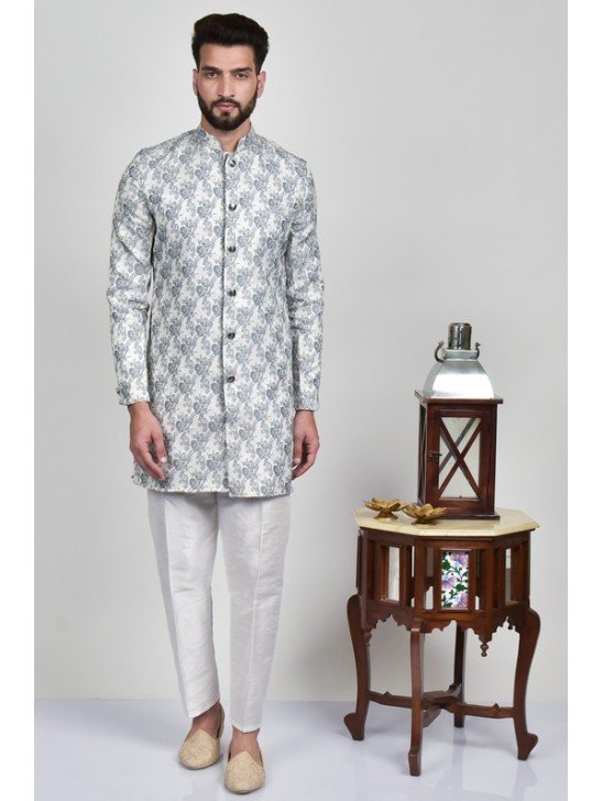 Grey Front Open Men Kurta & Pajama Designer Menswear