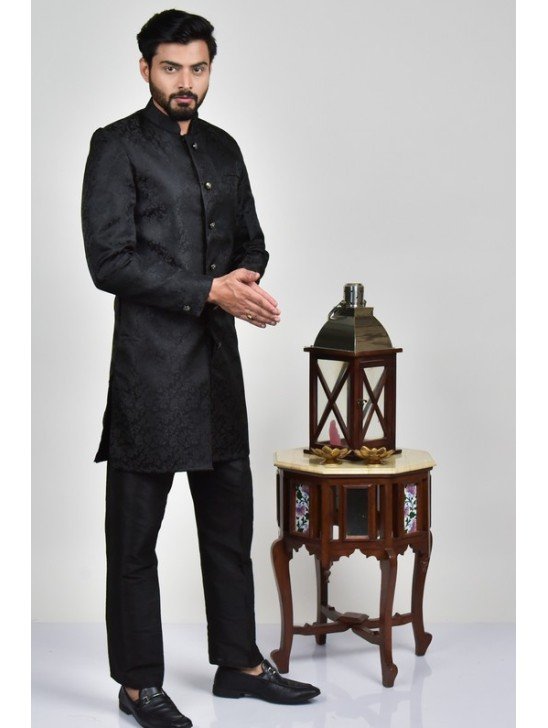 Black Fancy Front Open Mens Kurta Pajama