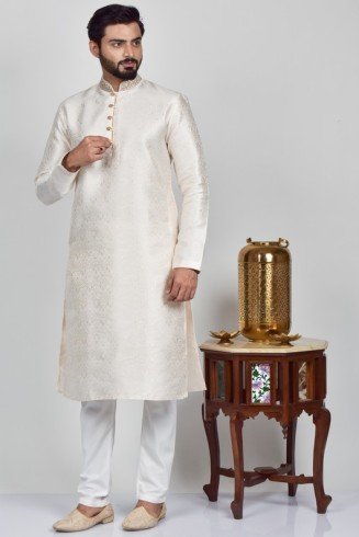 Cream Jammawar Pakistani Mens Kurta Pajama