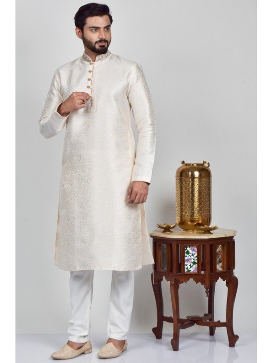 Cream Jammawar Pakistani Mens Kurta Pajama