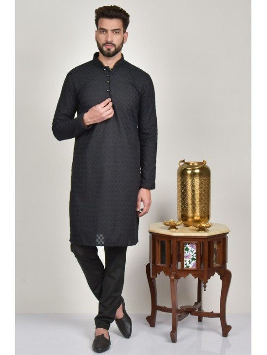 Black Traditional Pakistani Kurta Pajama For Men