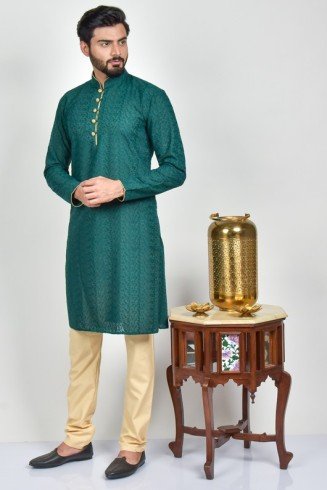 Bottle Green & Beige Pakistani Men Kurta Pajama