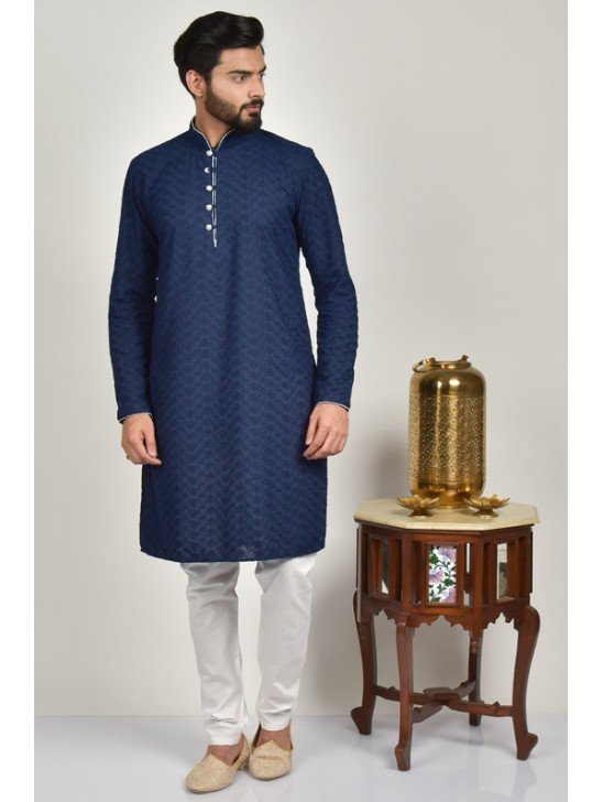 Navy Blue & White Pakistani Men Eid Payjama Kurta