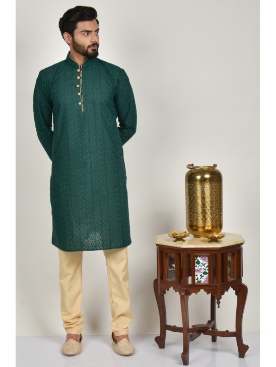 Bottle Green & Beige Pakistani Men Kurta Pajama