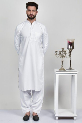 White Pakistani Mens Plain Kurta Shalwar Suit