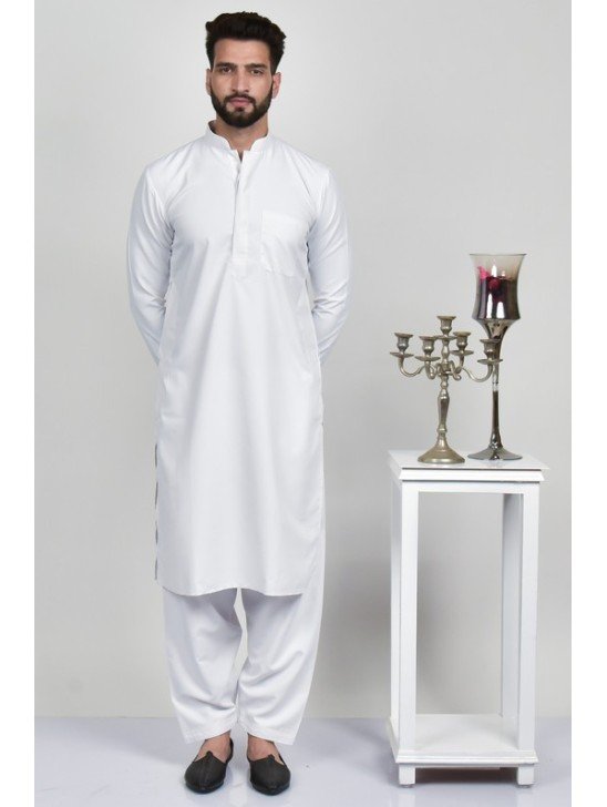 White Pakistani Mens Plain Kurta Shalwar Suit