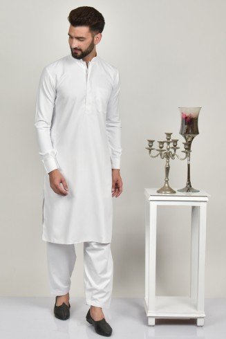 White Pakistani Mens Plain Kurta Shalwar Suit