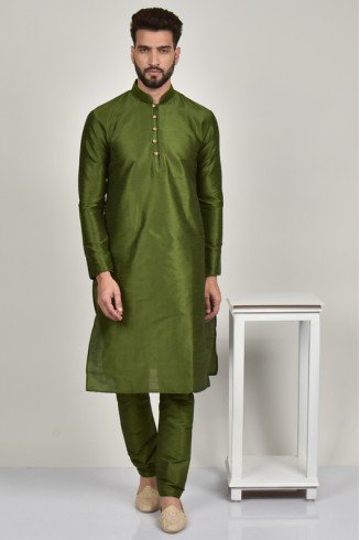 Mehndi Green Indian Men's Silk Kurta Pajama