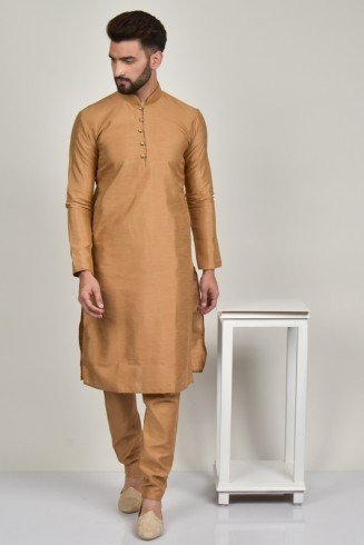Dark Beige Plain Silk Indian Kurta Pajama For Men