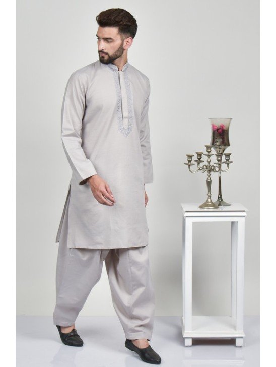 Fawn Embroidered Kurta Shalwar For Men