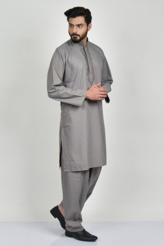 Grey Indian Mens Kurta Shalwar Suit