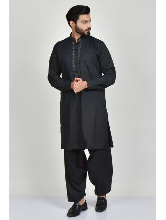 Black Embroidered Mens Kurta Shalwar