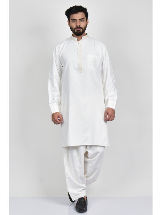 White Plain Kurta Shalwar For Men