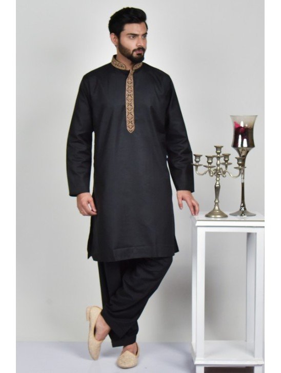 Black Asian Boys Embroidered Kurta Shalwar