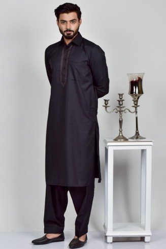Black Embroidered Pakistani Designer Mens Shalwar Kameez